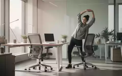 Eine Person steht und streckt sich an einem ergonomischen Schreibtisch in einem modernen Büro und symbolisiert Bewegung am Arbeitsplatz. - Foto: über boerse-global.de