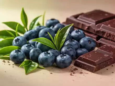 Nahaufnahme von Blaubeeren, grünen Teeblättern und dunkler Schokolade, die auf einer Holzoberfläche arrangiert sind. - Foto: über boerse-global.de