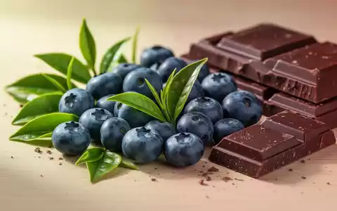 Nahaufnahme von Blaubeeren, grünen Teeblättern und dunkler Schokolade, die auf einer Holzoberfläche arrangiert sind. - Foto: über boerse-global.de