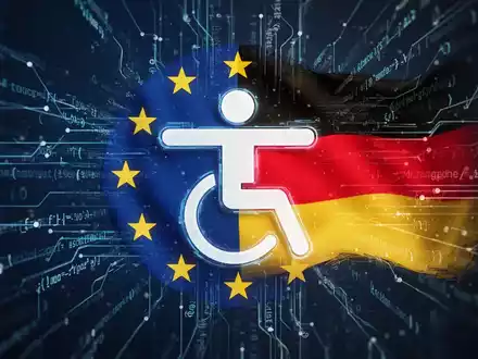 Barrierefreiheits-Symbol mit EU- und Deutschlandflagge, für Einhaltung europäischer und deutscher Barrierefreiheitsgesetze. - Foto: über boerse-global.de