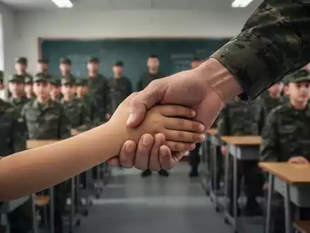 Eine Nahaufnahme einer Kinderhand, die in eine Erwachsenenhand greift, mit unscharfem Hintergrund von militärischen oder schulischen Szenen. - Foto: über boerse-global.de