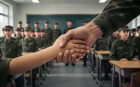 Eine Nahaufnahme einer Kinderhand, die in eine Erwachsenenhand greift, mit unscharfem Hintergrund von militärischen oder schulischen Szenen. - Foto: über boerse-global.de