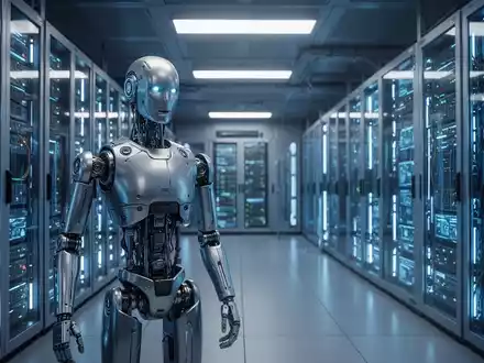 Futuristisches Rechenzentrum mit blau leuchtenden Serverracks und einem eleganten, fortschrittlichen humanoiden Roboter im Vordergrund, der KI-Infrastruktur repräsentiert. - Foto: über boerse-global.de