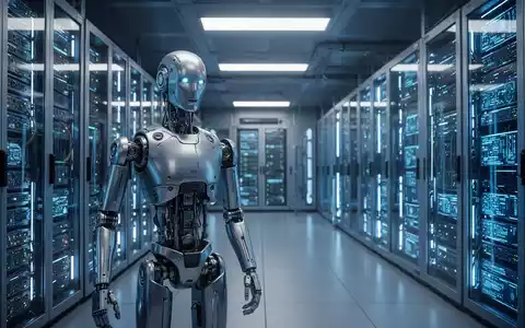 Futuristisches Rechenzentrum mit blau leuchtenden Serverracks und einem eleganten, fortschrittlichen humanoiden Roboter im Vordergrund, der KI-Infrastruktur repräsentiert. - Foto: über boerse-global.de