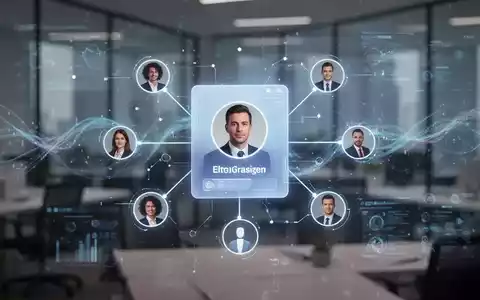 Leuchtende digitale Profilkarte auf einem Bildschirm mit Assistenteninfo und Organisationsverbindungen in einem Netzwerk von Benutzersymbolen. - Foto: über boerse-global.de