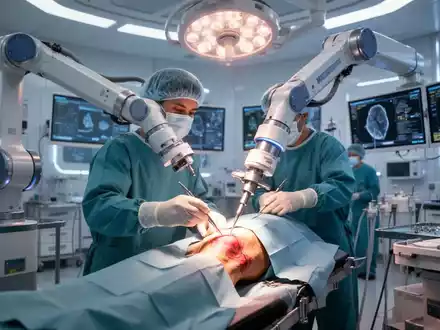 Ein Roboterarm unterstützt einen Chirurgen bei einer Knieoperation in einem modernen Operationssaal mit heller Beleuchtung. - Foto: über boerse-global.de