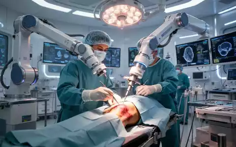 Ein Roboterarm unterstützt einen Chirurgen bei einer Knieoperation in einem modernen Operationssaal mit heller Beleuchtung. - Foto: über boerse-global.de