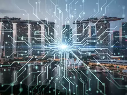 Stilisierte, leuchtende neuronale Netzstruktur über futuristischer Stadtsilhouette von Singapur, symbolisiert KI-Expansion und digitale Vernetzung im APAC-Raum. - Foto: über boerse-global.de