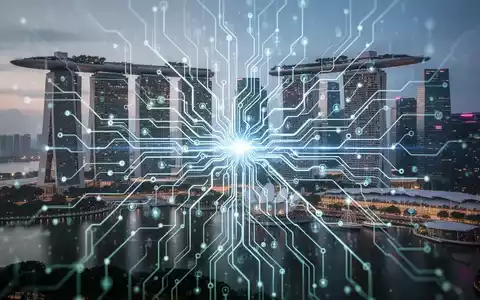 Stilisierte, leuchtende neuronale Netzstruktur über futuristischer Stadtsilhouette von Singapur, symbolisiert KI-Expansion und digitale Vernetzung im APAC-Raum. - Foto: über boerse-global.de