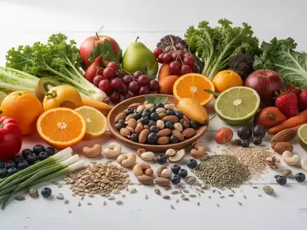 Eine vielfältige Anordnung von frischem Obst, Gemüse, Nüssen und Samen auf einer hellen Oberfläche. - Foto: über boerse-global.de