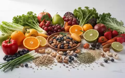 Eine vielfältige Anordnung von frischem Obst, Gemüse, Nüssen und Samen auf einer hellen Oberfläche. - Foto: über boerse-global.de