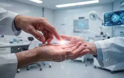 Eine Hand berührt sanft einen leuchtenden Punkt auf einer anderen Hand, mit feinen digitalen Linien und Lichtpartikeln, die Quantenfrequenzen symbolisieren. - Foto: über boerse-global.de