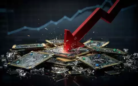 Ein roter Abwärtspfeil durchdringt eine Gruppe leuchtender Mikrochips, mit einem unscharfen Diagramm im Hintergrund, das einen Rückgang zeigt. - Foto: über boerse-global.de