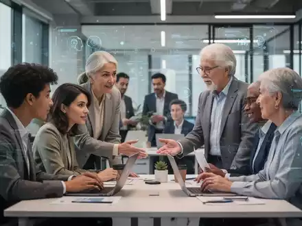 Eine Gruppe von Fachleuten unterschiedlicher Generationen arbeitet zusammen in einem modernen Büro, das die Integration von HR-Technologie symbolisiert. - Foto: über boerse-global.de