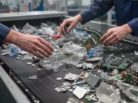 Hände sortieren verschiedene recycelte Materialien wie Metalle, Kunststoffe und elektronische Komponenten auf einem Förderband in einer modernen Recyclinganlage. - Foto: über boerse-global.de