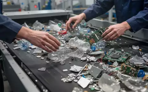 Hände sortieren verschiedene recycelte Materialien wie Metalle, Kunststoffe und elektronische Komponenten auf einem Förderband in einer modernen Recyclinganlage. - Foto: über boerse-global.de