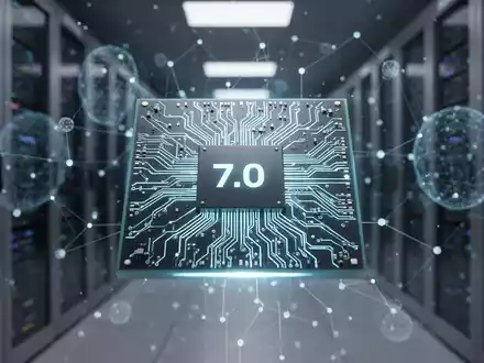 Nahaufnahme eines futuristischen PCIe 7.0 SSD-Controller-Chips mit leuchtenden Schaltkreisen, symbolisiert fortschrittliche Datenspeicherung für KI. - Foto: über boerse-global.de