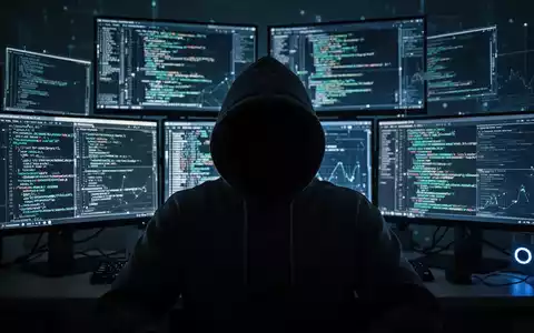 Schattenhafte Figur vor Monitoren mit Code und Daten, symbolisiert digitale Betrugsfälle und Cyberbedrohungen im Gesundheitswesen. - Foto: über boerse-global.de