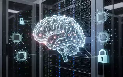 Leuchtendes KI-Gehirn über Serverrack, verbunden mit Halbleiterchip und Vorhängeschloss, symbolisiert Unternehmens-KI und Sicherheit. - Foto: über boerse-global.de
