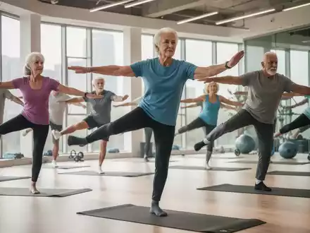 Senioren (50+) trainieren in einem hellen Fitnessstudio, machen Gleichgewichts- und Flexibilitätsübungen, symbolisieren Gesundheit und Vitalität. - Foto: über boerse-global.de
