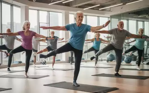 Senioren (50+) trainieren in einem hellen Fitnessstudio, machen Gleichgewichts- und FlexibilitĂ€tsĂŒbungen, symbolisieren Gesundheit und VitalitĂ€t. - Foto: ĂŒber boerse-global.de