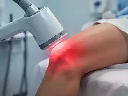 Ein medizinisches Lasergerät bestrahlt ein menschliches Kniegelenk, symbolisiert moderne Therapie bei Gelenkbeschwerden. - Foto: über boerse-global.de