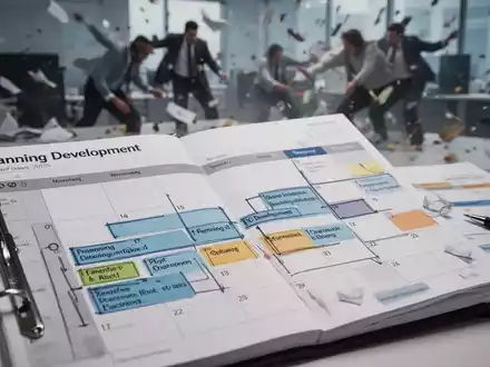 Ein Kalender oder Planer mit klar markierten Zeitblöcken für strategische Planung, im Kontrast zu unscharfen, chaotischen Elementen im Hintergrund. - Foto: über boerse-global.de