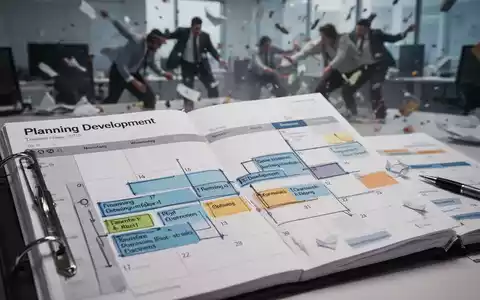 Ein Kalender oder Planer mit klar markierten Zeitblöcken für strategische Planung, im Kontrast zu unscharfen, chaotischen Elementen im Hintergrund. - Foto: über boerse-global.de