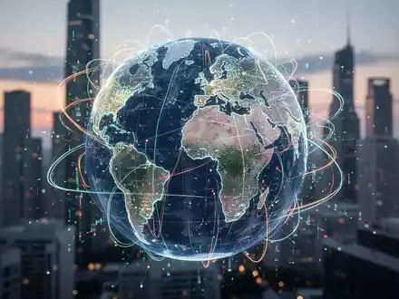 Leuchtende digitale Erdkugel mit verbundenen Linien über verschwommener Stadtsilhouette, Symbol für globale digitale Besteuerung. - Foto: über boerse-global.de