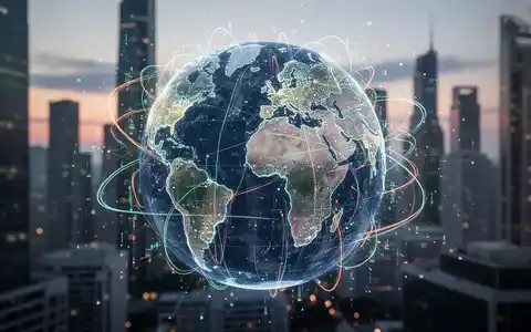 Leuchtende digitale Erdkugel mit verbundenen Linien über verschwommener Stadtsilhouette, Symbol für globale digitale Besteuerung. - Foto: über boerse-global.de