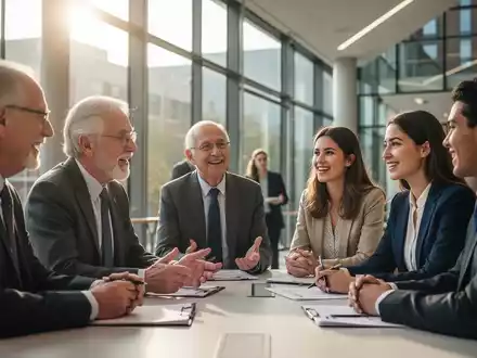 Eine Gruppe von Akademikern, darunter ältere und jüngere Dozenten, diskutiert in einer modernen Universität. - Foto: über boerse-global.de