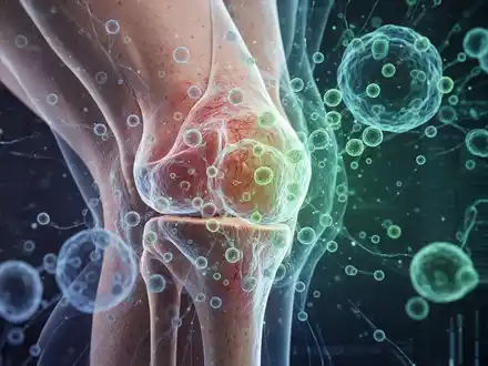 Ein menschliches Kniegelenk mit subtilen Anzeichen von Arthrose, überlagert von abstrakten, leuchtenden blauen und grünen Mustern. - Foto: über boerse-global.de