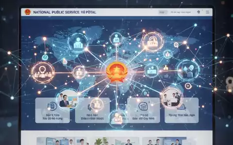 Stilisierte digitale Oberfläche mit vietnamesischem Text und Symbolen, die vernetzte Regierungsdienste und Bürgerdaten darstellt. - Foto: über boerse-global.de