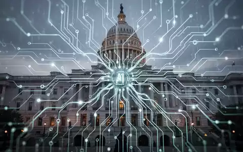 Leuchtendes, komplexes neuronales Netzwerk über einem verschwommenen Bild eines modernen Regierungsgebäudes, symbolisiert KI-Regulierung. - Foto: über boerse-global.de