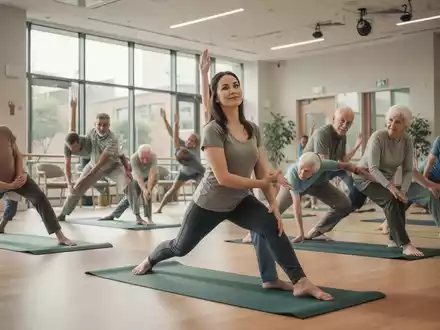 Eine Gruppe unterschiedlicher Menschen, darunter Senioren und junge Eltern, praktiziert Yoga auf Matten in einem hellen Gemeinschaftszentrum. - Foto: über boerse-global.de