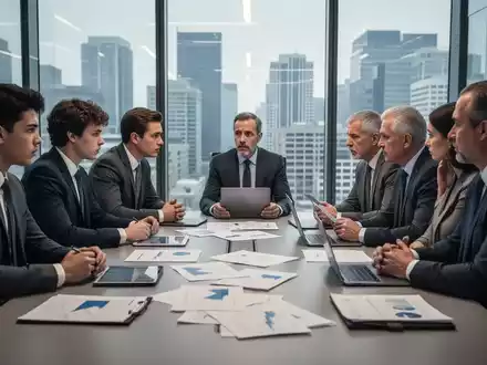Eine Gruppe von Geschäftsleuten unterschiedlichen Alters diskutiert intensiv an einem Konferenztisch, umgeben von Finanzdokumenten und Technologie. - Foto: über boerse-global.de