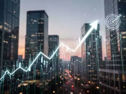 Ein stilisierter, leuchtender Aktienchart mit aufsteigendem Pfeil und Zielsymbol, überlagert von modernen Finanzgebäuden. - Foto: über boerse-global.de