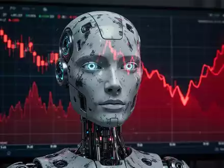 Ein humanoider Roboter auf einem Bildschirm mit einem roten, fallenden Börsenchart im Hintergrund, der einen Kursrückgang darstellt. - Foto: über boerse-global.de