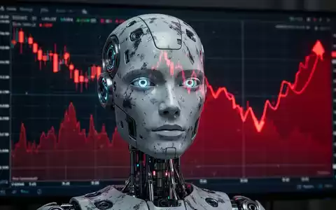 Ein humanoider Roboter auf einem Bildschirm mit einem roten, fallenden Börsenchart im Hintergrund, der einen Kursrückgang darstellt. - Foto: über boerse-global.de