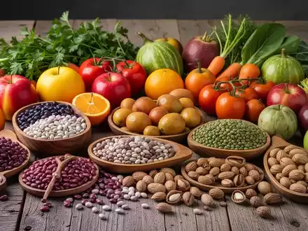 Eine bunte Auswahl an frischen pflanzlichen Lebensmitteln, darunter Obst, Gemüse, Hülsenfrüchte und Nüsse, auf einem Holztisch. - Foto: über boerse-global.de