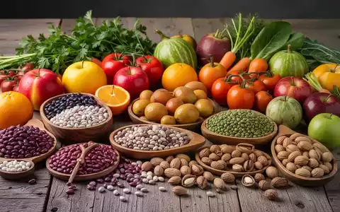 Eine bunte Auswahl an frischen pflanzlichen Lebensmitteln, darunter Obst, Gemüse, Hülsenfrüchte und Nüsse, auf einem Holztisch. - Foto: über boerse-global.de