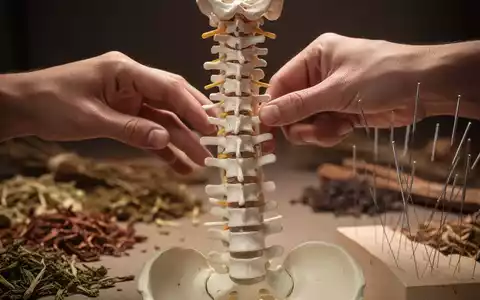 Eine Nahaufnahme einer Hand, die sanft ein Wirbelsäulenmodell berührt, mit unscharfen TCM-Kräutern und Akupunkturnadeln im Hintergrund. - Foto: über boerse-global.de