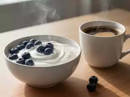Eine Schale Naturjoghurt mit Blaubeeren und eine Tasse Kaffee auf einem Holztisch, beleuchtet von sanftem Morgenlicht. - Foto: über boerse-global.de