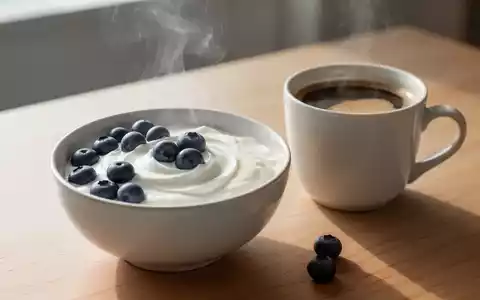 Eine Schale Naturjoghurt mit Blaubeeren und eine Tasse Kaffee auf einem Holztisch, beleuchtet von sanftem Morgenlicht. - Foto: ĂĽber boerse-global.de