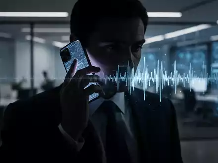 Eine verschattete Gestalt in einem Anzug, das Gesicht verdeckt, hält ein Smartphone ans Ohr. Der Bildschirm zeigt eine digitale Wellenform. - Foto: über boerse-global.de