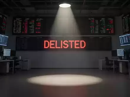 Ein dunkler, leerer Handelsraum mit einem roten 'DELISTED'-Schriftzug auf einem digitalen Tickerband, der ein Delisting symbolisiert. - Foto: über boerse-global.de