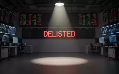 Ein dunkler, leerer Handelsraum mit einem roten 'DELISTED'-Schriftzug auf einem digitalen Tickerband, der ein Delisting symbolisiert. - Foto: über boerse-global.de