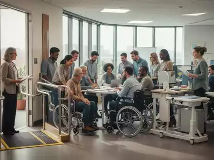 Eine vielfältige Gruppe von Menschen, einige mit sichtbaren Behinderungen, arbeiten in einem modernen, barrierefreien Büro zusammen. - Foto: über boerse-global.de