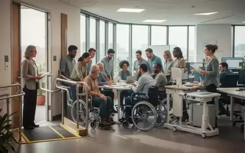 Eine vielfältige Gruppe von Menschen, einige mit sichtbaren Behinderungen, arbeiten in einem modernen, barrierefreien Büro zusammen. - Foto: über boerse-global.de