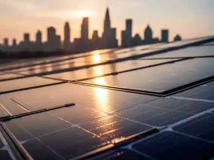 Nahaufnahme von Solarmodulen, die das goldene Licht der untergehenden Sonne reflektieren, mit einer verschwommenen Stadtsilhouette im Hintergrund. - Foto: über boerse-global.de